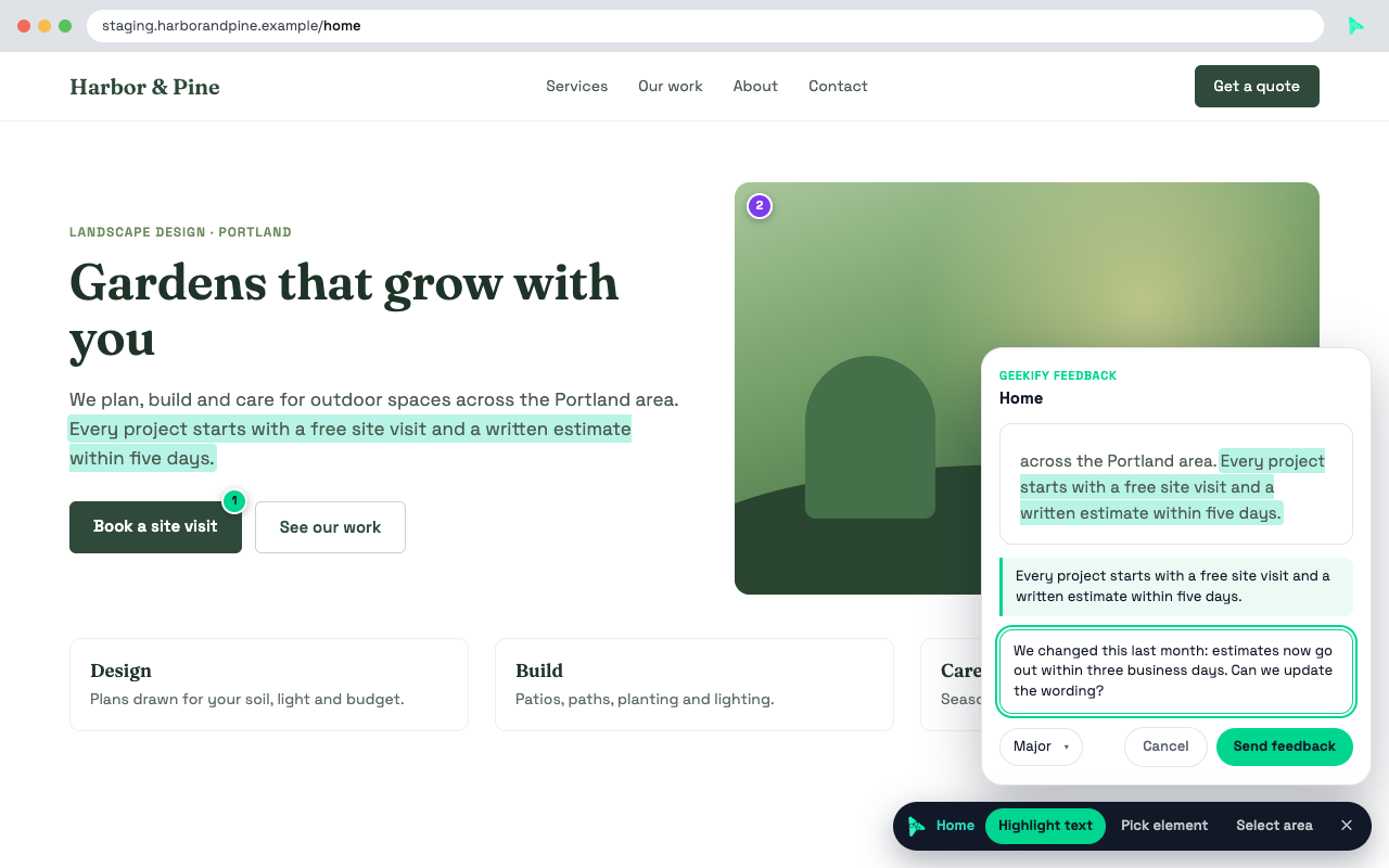 A staged website with a sentence highlighted, the Geekify Feedback comment box open beside it, and the feedback toolbar along the bottom.